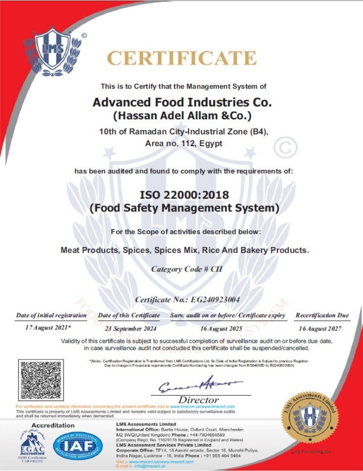 ISO 22000:2018 certificate